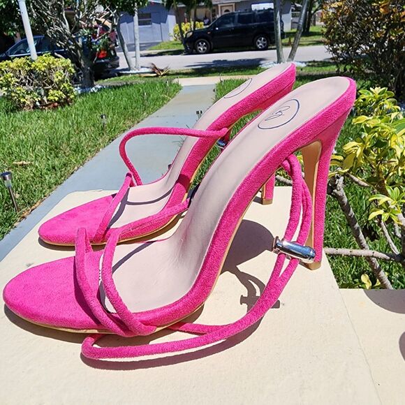 Boohoo exclusive barely there heeled sandals‎ in Pink Strappy Womens Size 38 /7 - Picture 1 of 7
